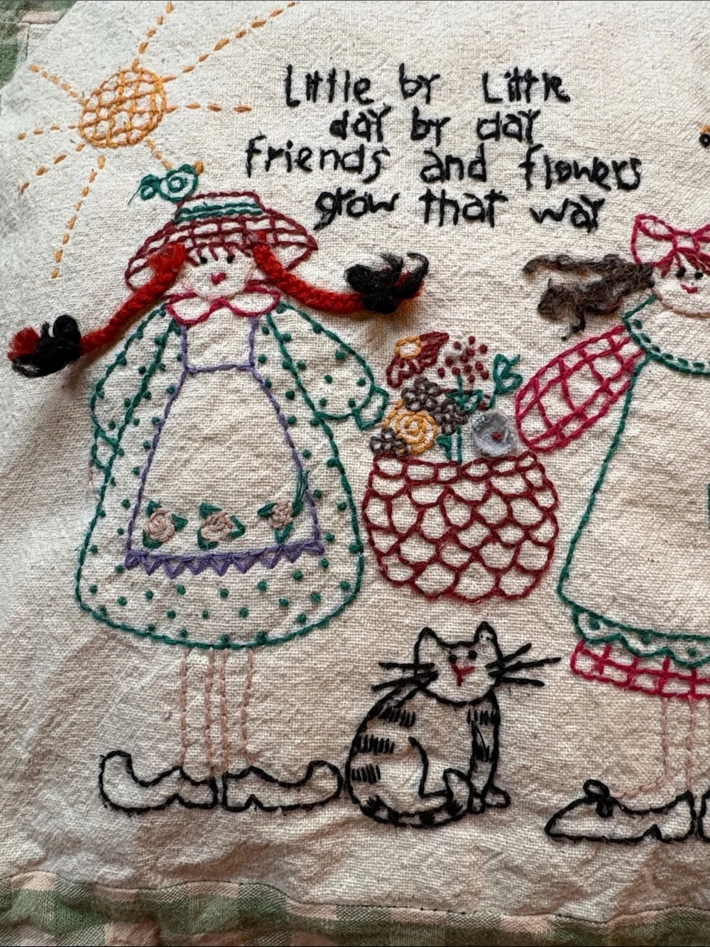 Vintage handmade embroidered friendship country cat pillow